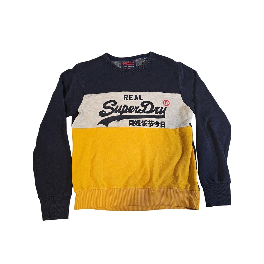 SuperDry Sweatshirt Mens Large Navy Blue Grey Yellow Colorblock Real Graphic L